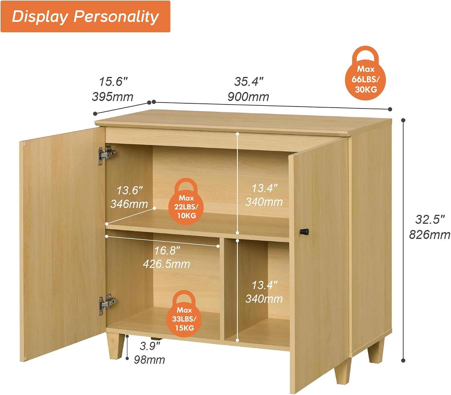 WAMPAT 35.4" Wood Sideboard Buffet Table with 2 Doors – Small Oak Credenza Storage Cabinet for Dining Room & Kitchen, Modern Coffee Bar with 3 Compartments for Living Room & Hallway