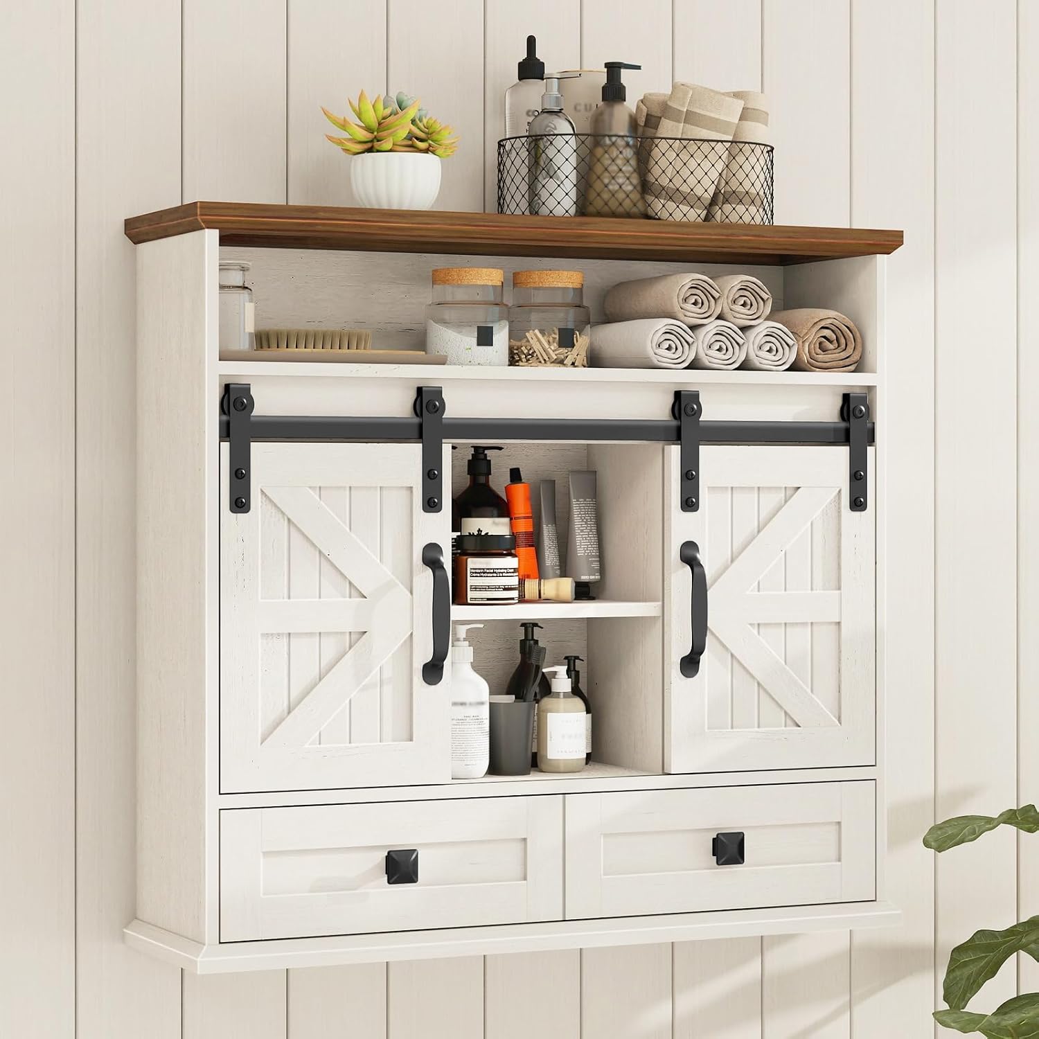 Vabches Bathroom Wall Cabinet, Farmhouse Medicine Cabinet with Sliding Door | Vintage Storage Cabinet Wall Mounted with Storage Drawer and Removable Divider for Bathroom, Kitchen, Rustic White and Brown