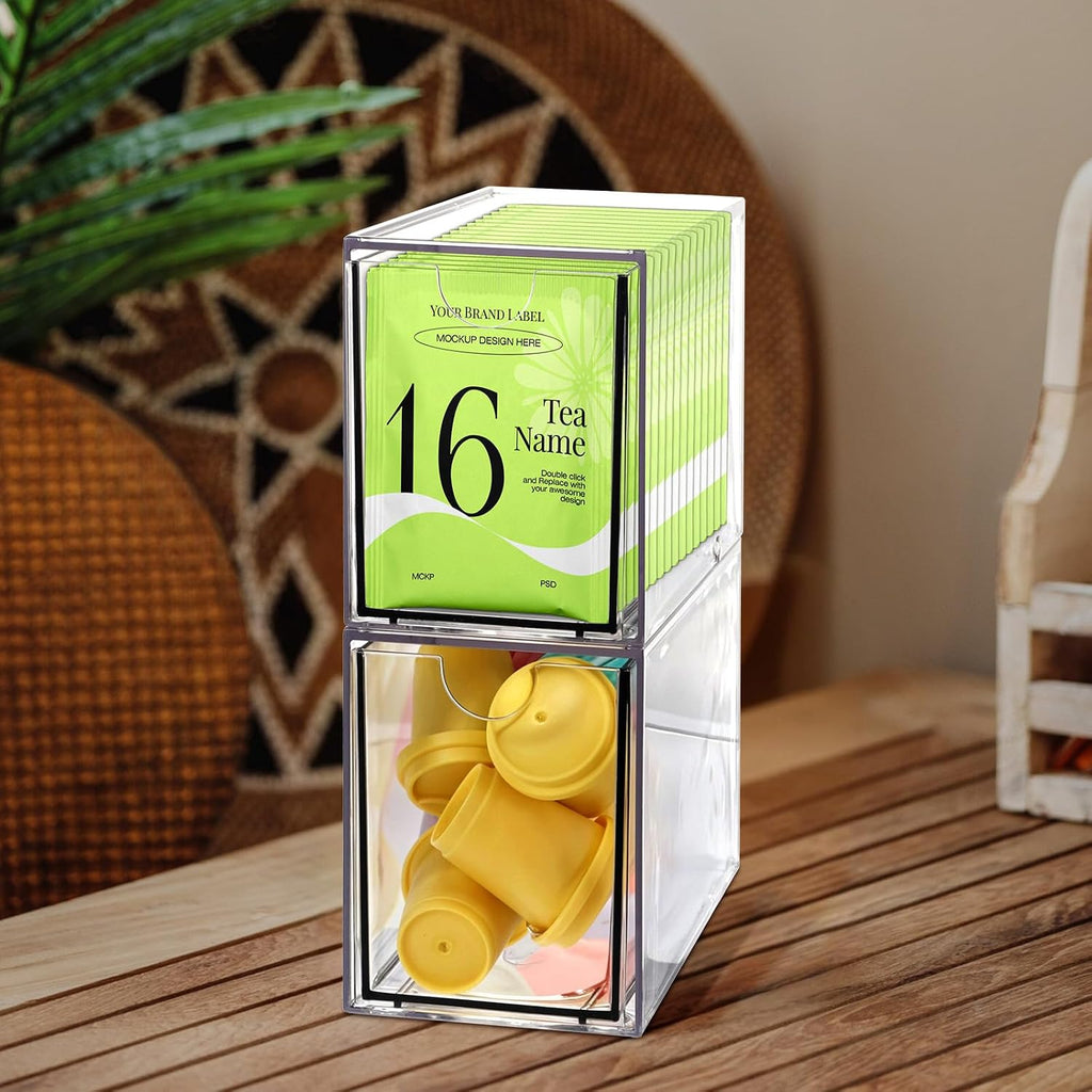 2 Pack Tea Bag Drawers Organizer - Clear Plastic Drawer Tea Bag Holder; Stackable & Portable, Wider Size, Well-Organized Storage for Tea Bags & Kitchen Essentials