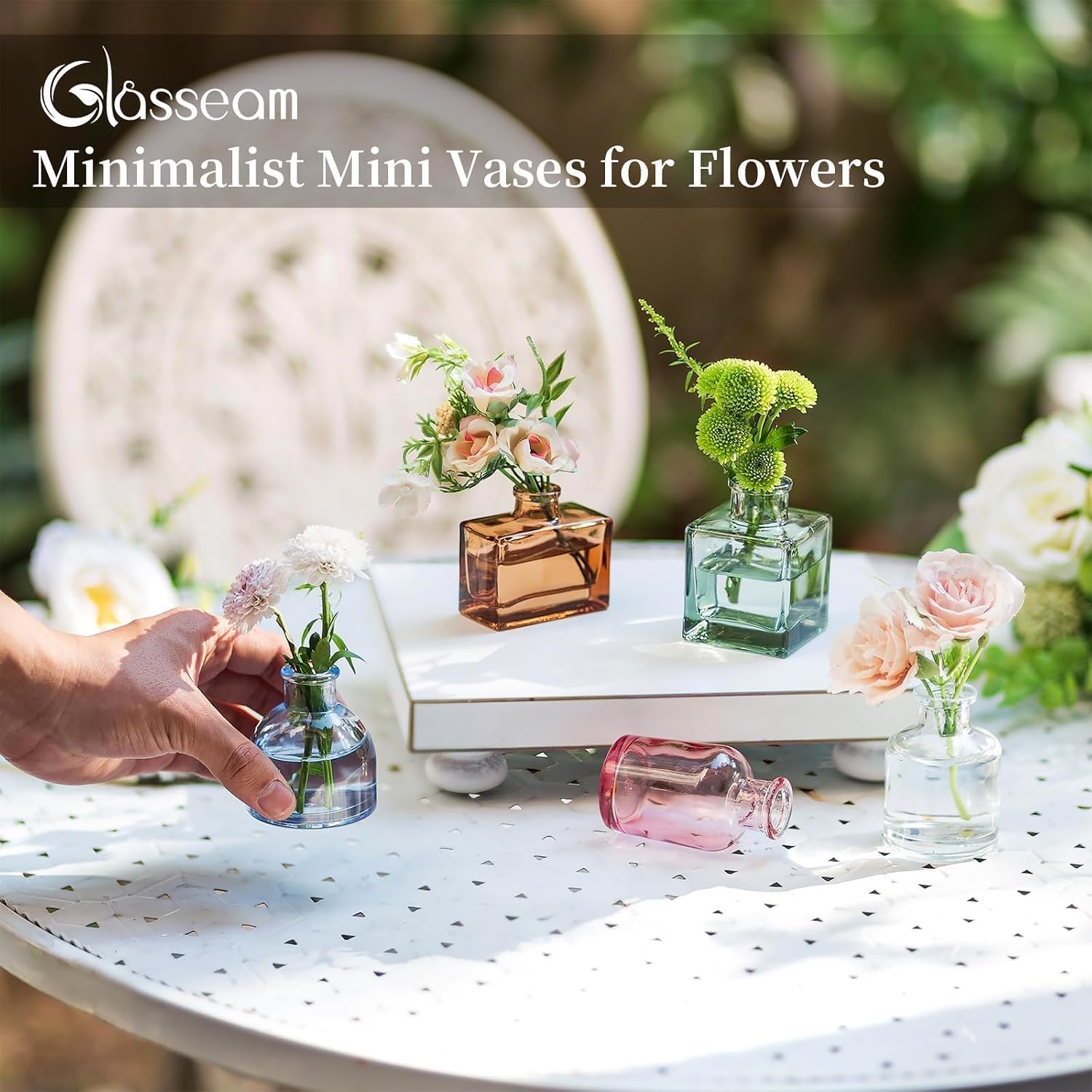 Glasseam Mini Bud Vases in Bulk 40: Colored Small Flower Vases for Centerpieces, Cute Tiny Glass Table Centerpiece for Flowers - Modern Wedding Decorations for Living Room Kitchen Baby Showers