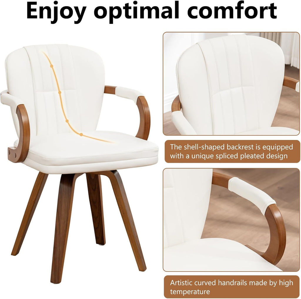 Swivel Dining Chairs Mid Century Modern White Faux Leather Upholstered Kitchen Chairs with Bentwood Frame Armrests Side Chairs,Comfortable Ergonomic Wood Accent Chair No Wheels,1PCS