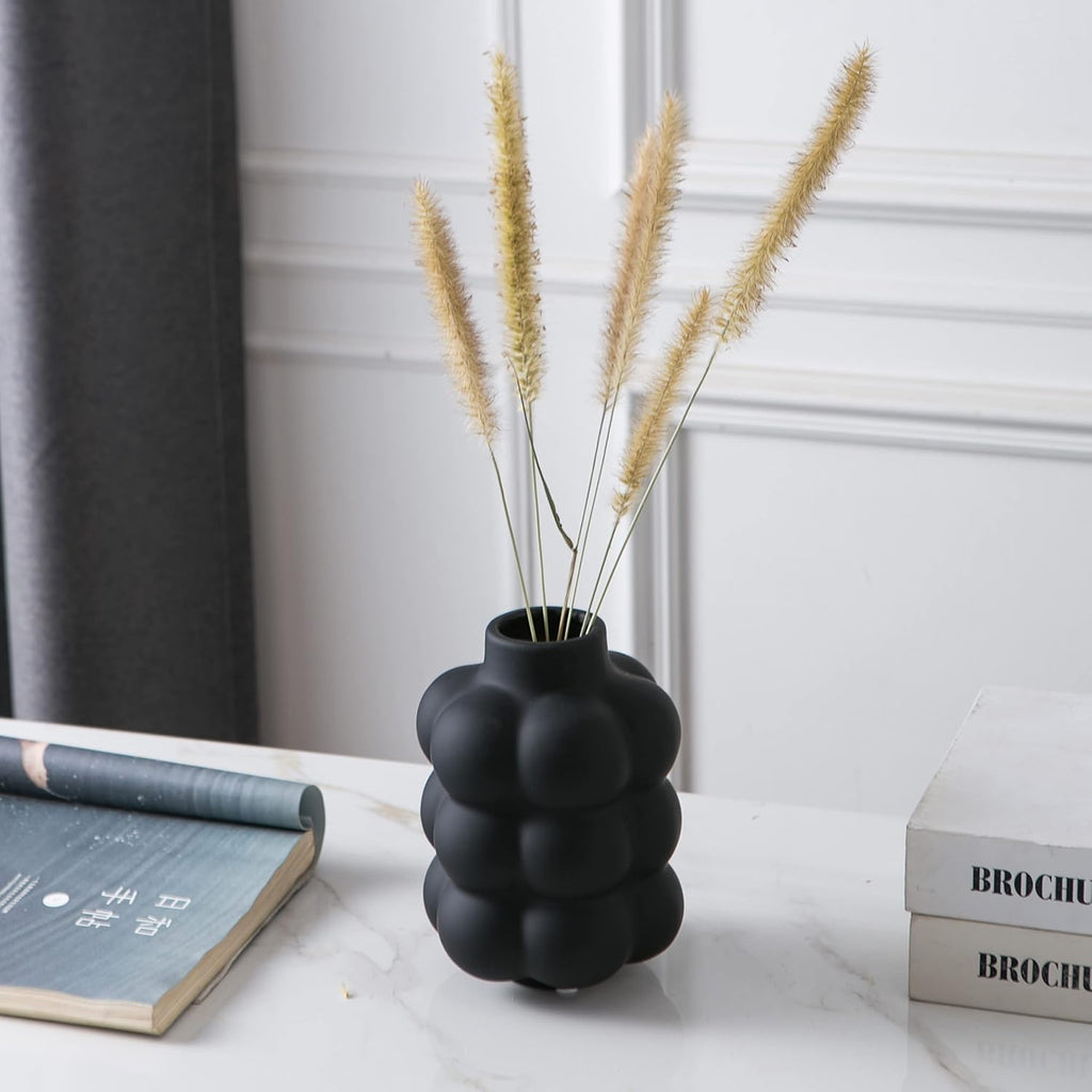Mowtanco Black Ceramic Vase - Small Spherical Flower Vase for Centerpiece, Three Floors Design for Modern Home Decor, Boho Decorative Vase - 6.7" Tall