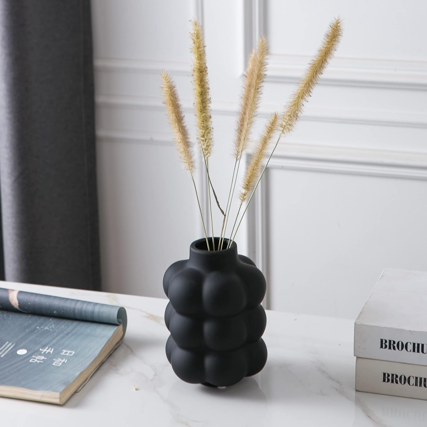 Mowtanco Black Ceramic Vase - Small Spherical Flower Vase for Centerpiece, Three Floors Design for Modern Home Decor, Boho Decorative Vase - 6.7" Tall