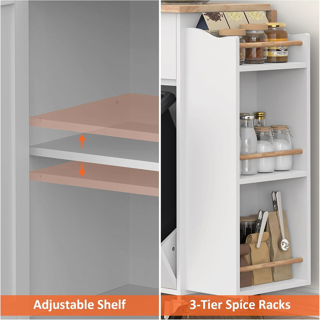 Bigbiglife Kitchen Island with Storage, 39.8" Rolling Kitchen Island Cart with Drop Leaf & Storage - Mobile Kitchen Organizer with Wheels, Rubberwood Top, Trash Can Cabinet & Towel Rack, White