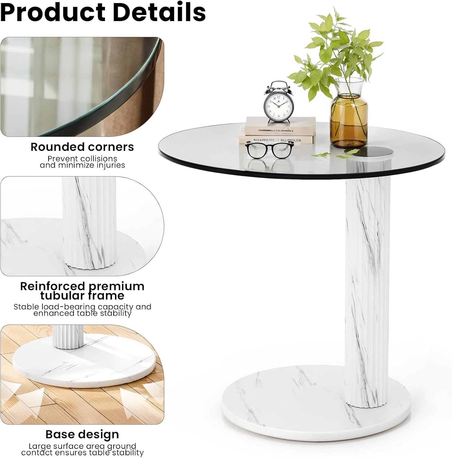 Recaceik Glass End Table, 22-Inch Round Glass Coffee Table, Modern Round Tempered Table for Small Spaces, Living Room, Bedroom