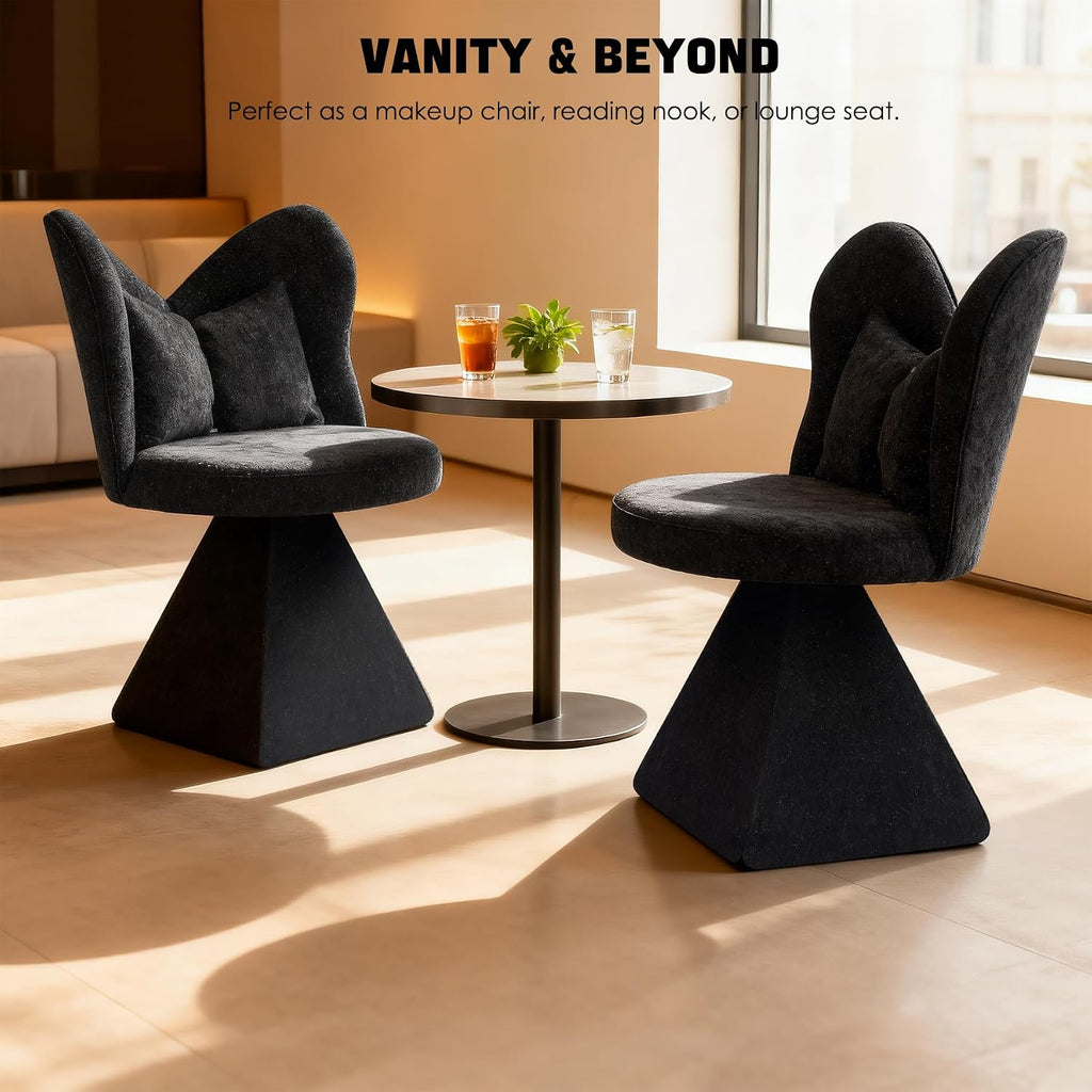 Velvet Swivel Vanity Chair with Butterfly Back, Makeup Stool for Bedroom Dressing Table, Modern Accent Chair for Living Room, Dining Room, Study, Home Office (Black)