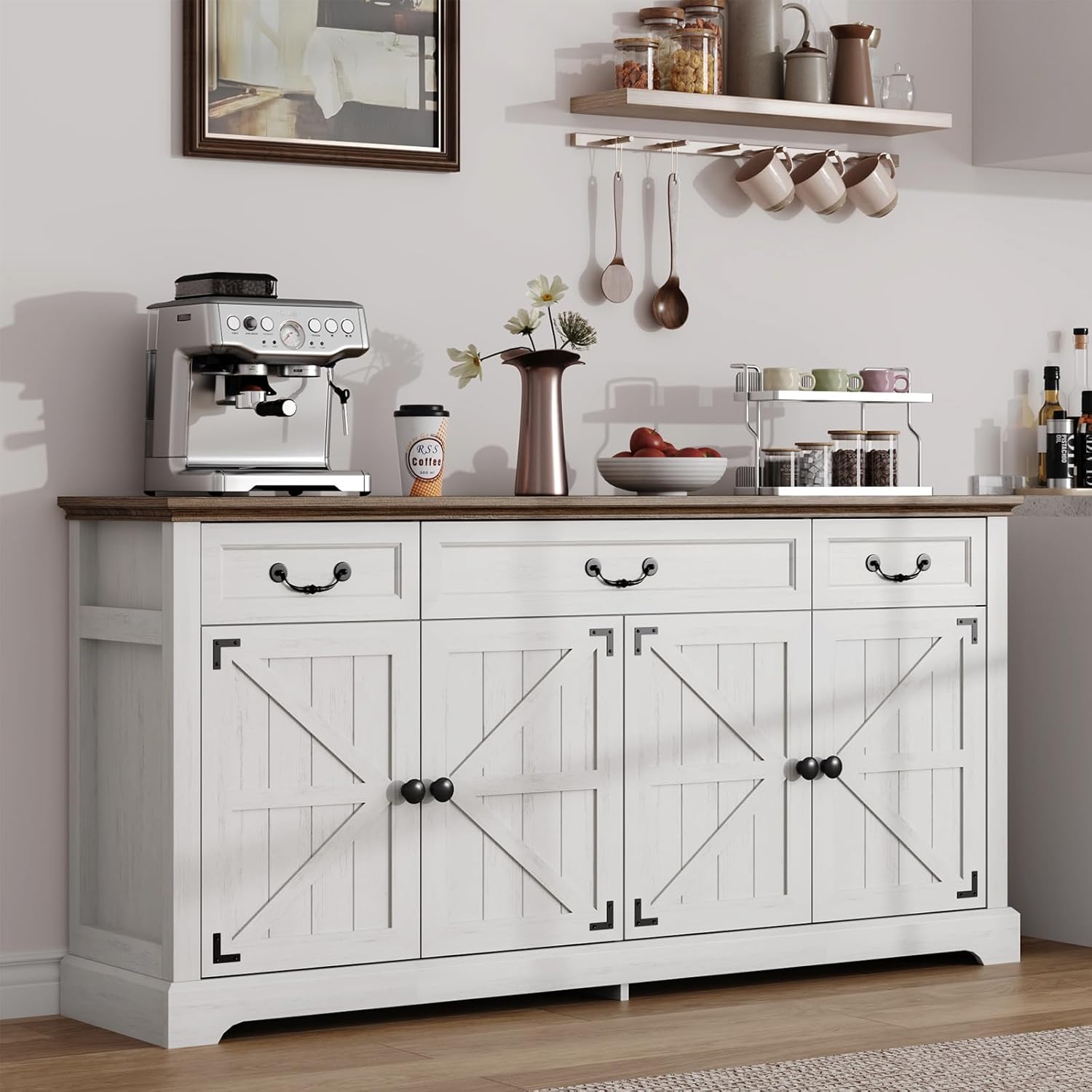 Sunny Heart 65" Large Buffet Storage Cabinet, Farmhouse Kitchen Sideboard with 3 Drawers and 4 Doors, Coffee Bar Wine Bar Cabinet with Storage for Living Room, White