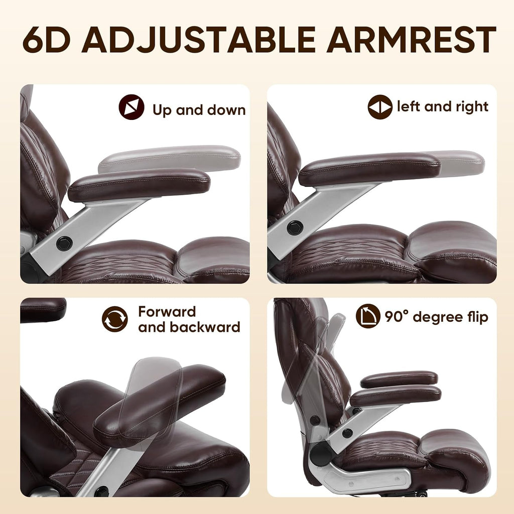 ZSQN 600 Lbs Big and Tall Office Chair, Plus Size Desk Chair with 6D Adjustable Flip Arms, Wide Comfortable Computer Chair with Adjustable Lumbar Support & Dual Rubber Wheels Brown