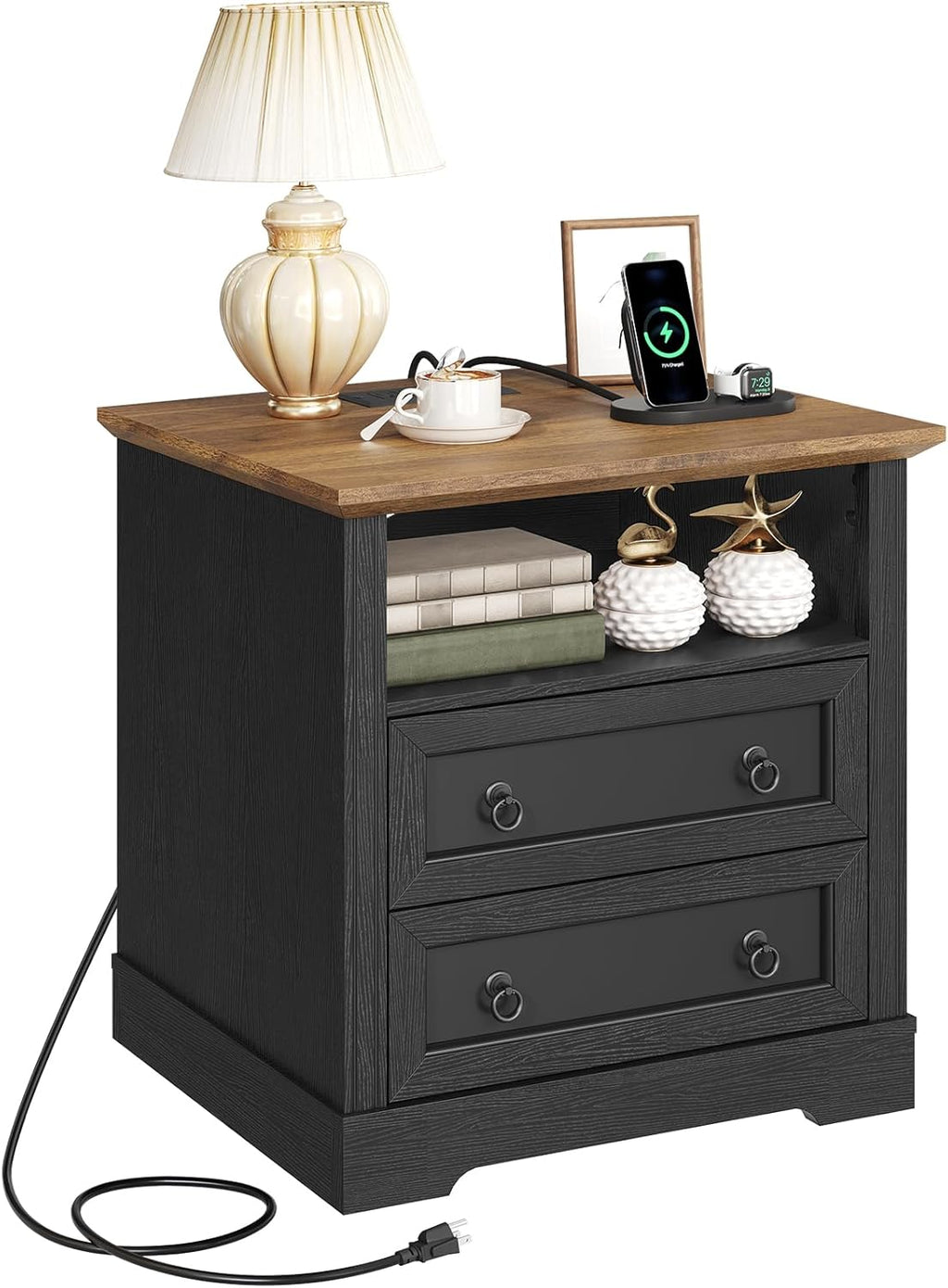 Farmhouse Nightstand with Charging Station, Wooden Bedside End Table with 2 Drawers and Open Storage Shelf, Side Table for Bedroom Living Room, Black & Walnut