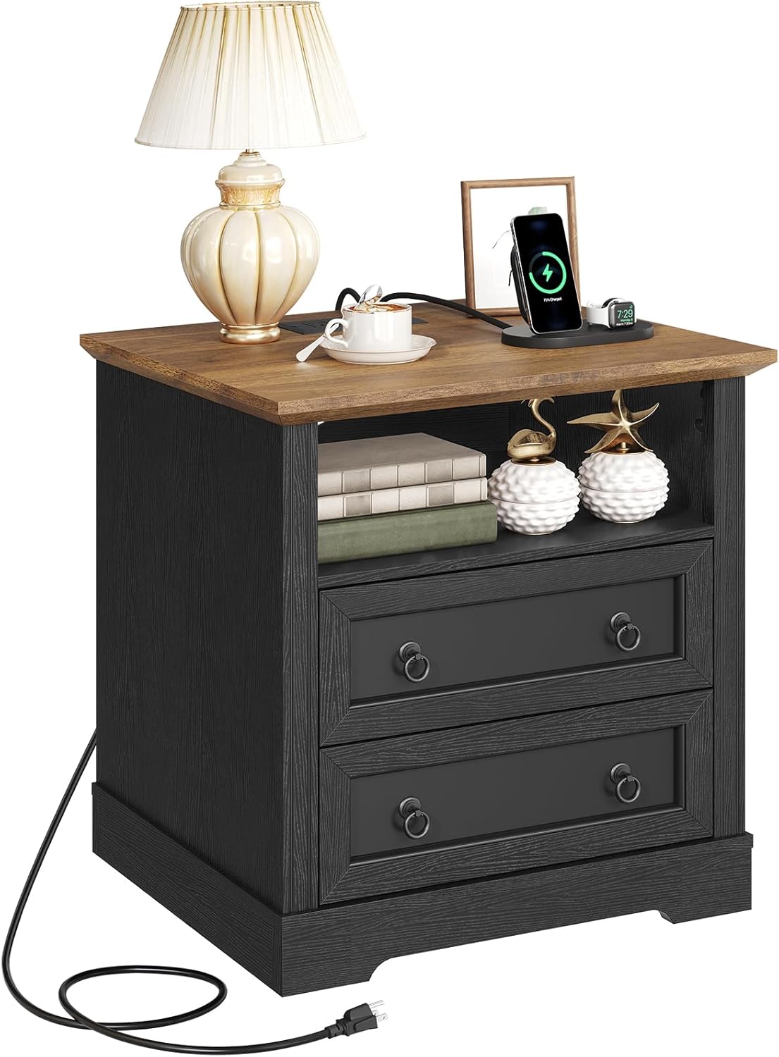 Farmhouse Nightstand with Charging Station, Wooden Bedside End Table with 2 Drawers and Open Storage Shelf, Side Table for Bedroom Living Room, Black & Walnut