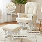 Boshen 5PCS Glider Rocker Replacement Cushions with Storage Side Pockets, Thickened 3.5IN Seat & Supportive Striped Plush Rocking Chair Cushion Set with Ottoman Cover for Indoor Nursery, Beige
