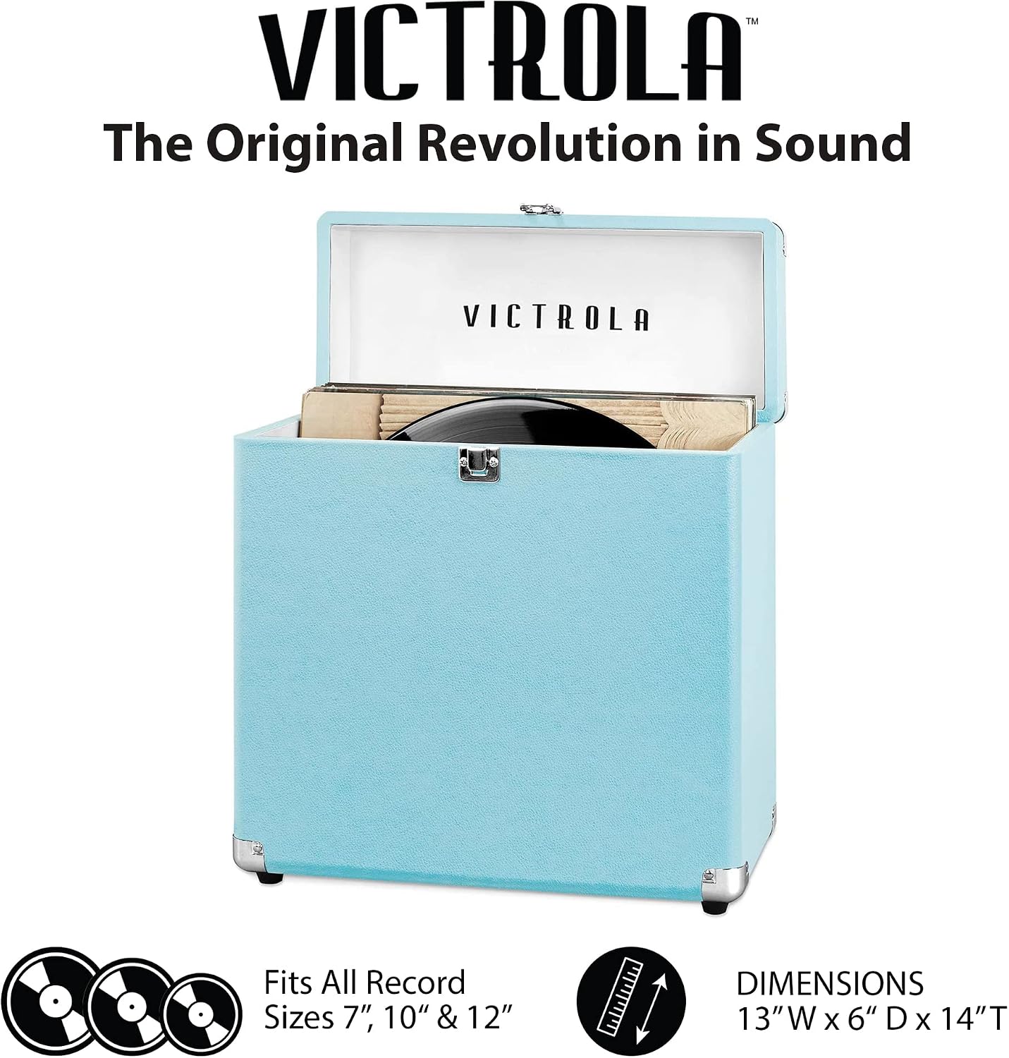 Victrola Collector – Record Storage Case – Holds 30+ Vinyl Turntable Records, Heavy-Duty Hardware, Hinges, & Smart Metal Corners, Portable with Easy-Carry Handle (Turquoise)