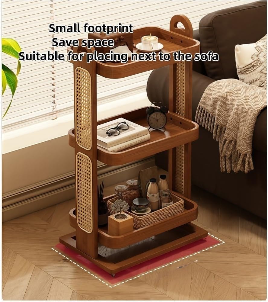 Rolling Sofa Table with Wheels Bamboo Rattan 2/3 Tier End Table Slim Rolling Cart for Kitchen Room Living Room Lightweight(Natural,L)