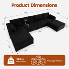 151" Oversized Sectional Sofa Set, Extra Large Modular Couch with Ottoman, Upholstered Linen Cloud Couch Deep Seat Sofa Cushion Covers Removable for Living Room (6 Seater U Shaped Black)