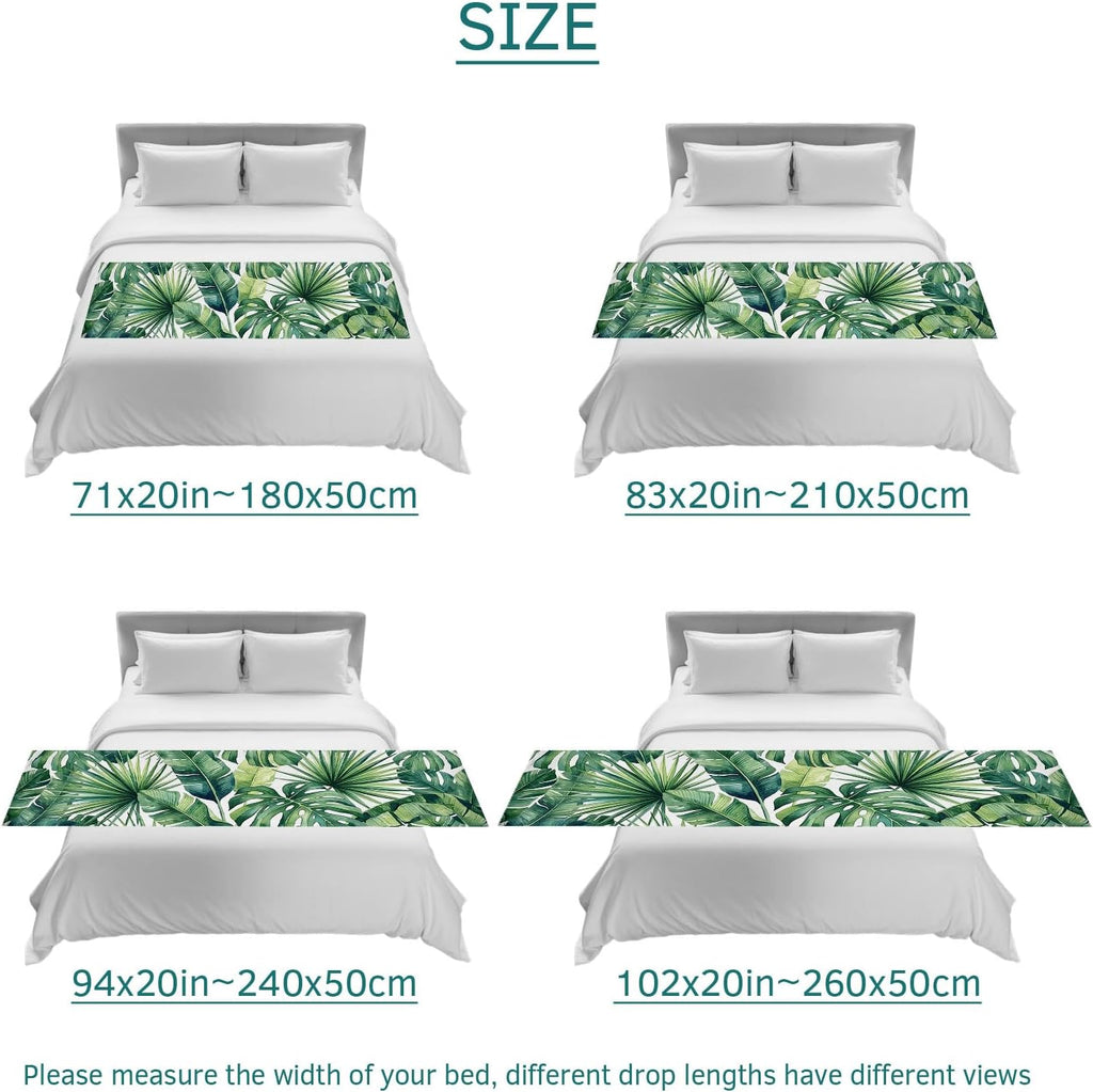Tropical Monstera Leaves Bed Runners Country Botanical Palm Leaf Green Bed Throws for Foot of Beds, Decorative Bedrunners & Scarves Luxury Bedding End Blanket Protector Slipcover Home, 71"x20"