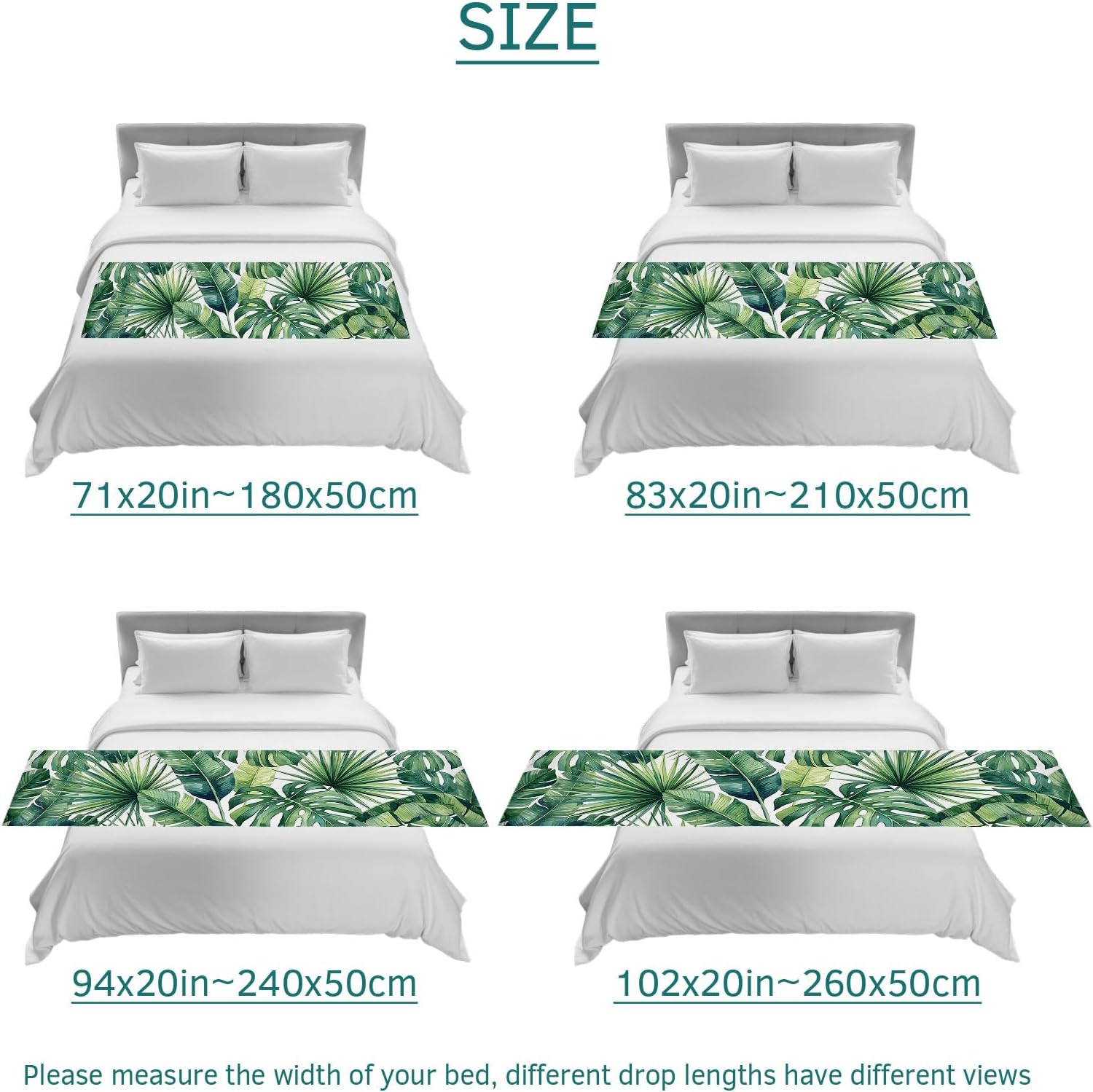 Tropical Monstera Leaves Bed Runners Country Botanical Palm Leaf Green Bed Throws for Foot of Beds, Decorative Bedrunners & Scarves Luxury Bedding End Blanket Protector Slipcover Home, 71"x20"