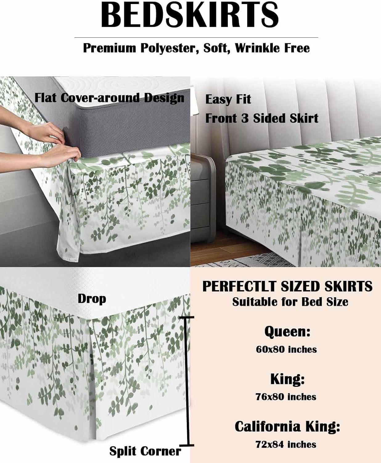 Bed Skirts Queen Size 18 Inch Tailored Drop Sage Green Leaves Wrap Around Bed Skirt with Split Corners Hotel Quality Bedskirt Farmhouses Leaf Branches Dust Ruffle for Queen Bed Skirt Bedroom Decor