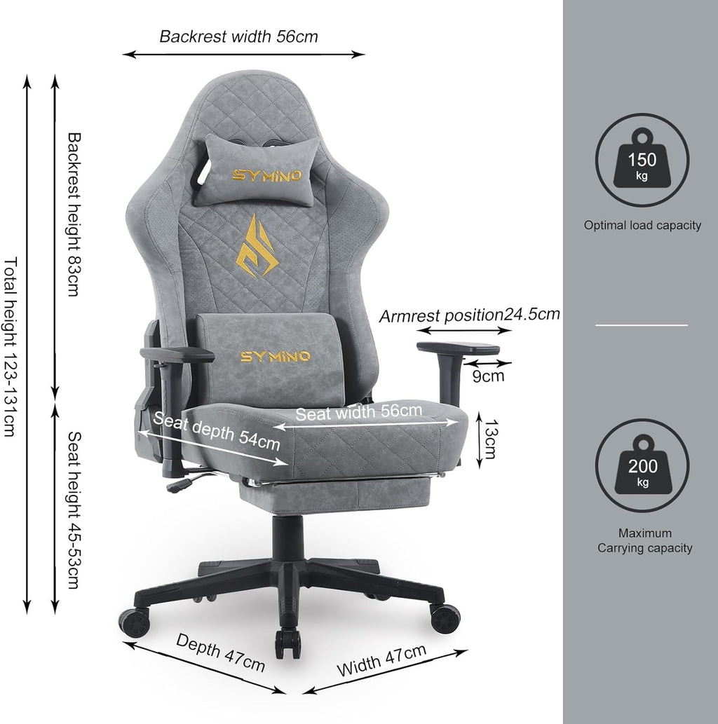 Symino Gaming Chair with Foot Rest, 3D Armrests PU Leather High Back Ergonomic Office Chair, 150° Recline Computer Desk Chair, Diamond Stitching, Grey
