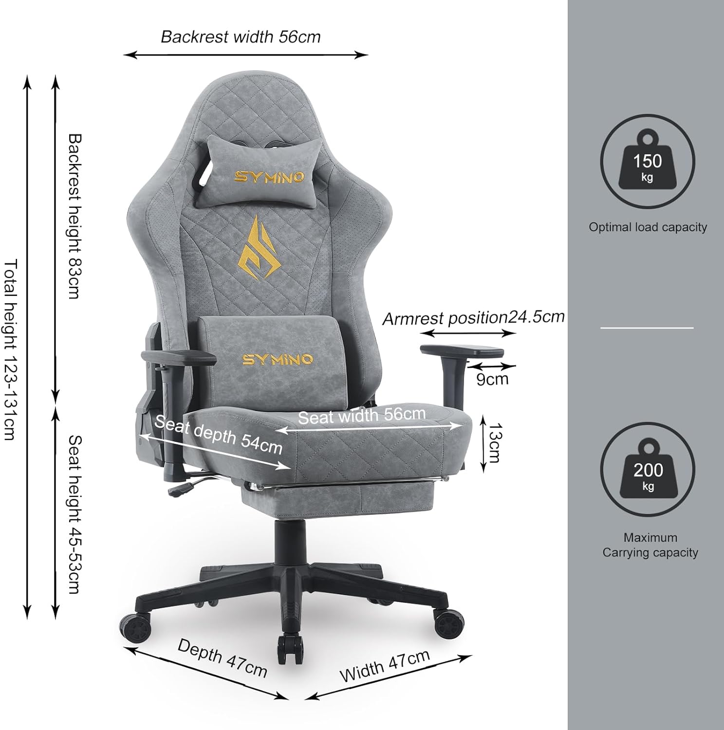 Symino Gaming Chair with Foot Rest, 3D Armrests PU Leather High Back Ergonomic Office Chair, 150° Recline Computer Desk Chair, Diamond Stitching, Grey