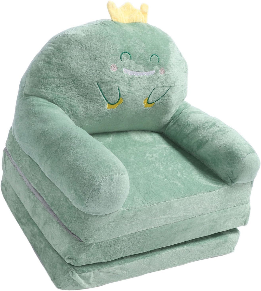 Cartoon Green Dinosaur Kids Sofa, Foldable Toddler Chair with Wide Handle, Soft Breathable Mini Couch for Reading, Relaxing, Sleeping (Folding in Thirds)