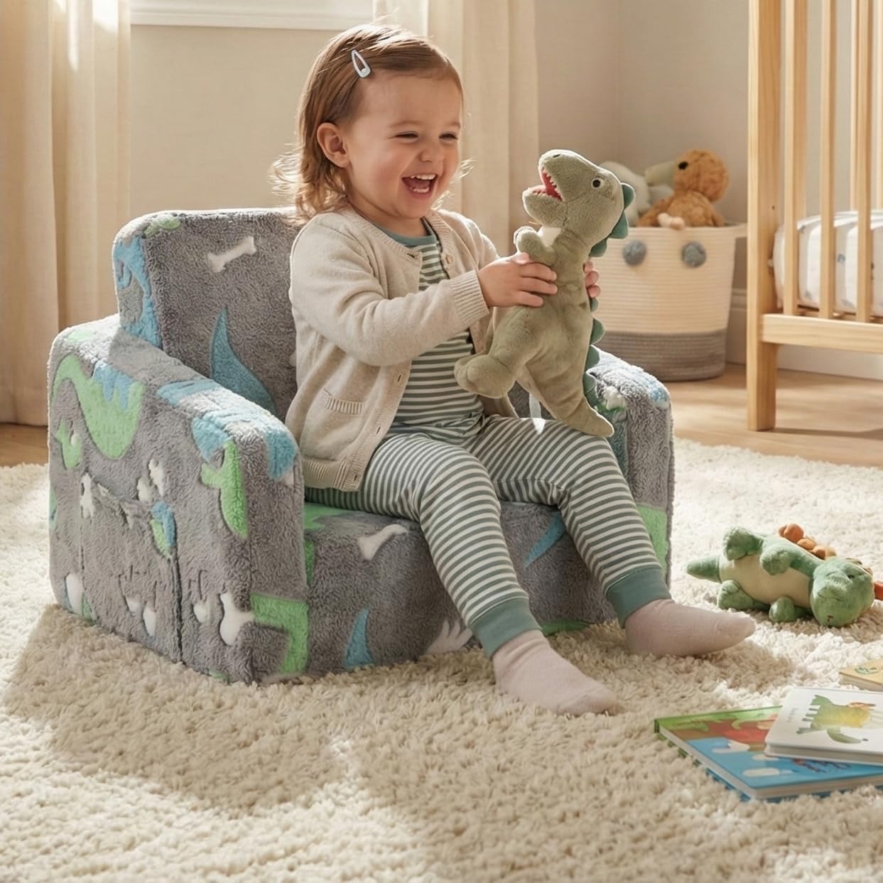 Baby Toddler Couch Chair Kids Foldable 2-in-1 Toddler Fold Out Couch Sofa for Playroom Pull Out Children Convertible Sofa to Lounger Chair for Boys & Girls with Side Pockets, Glow in the Dark Dinosaur