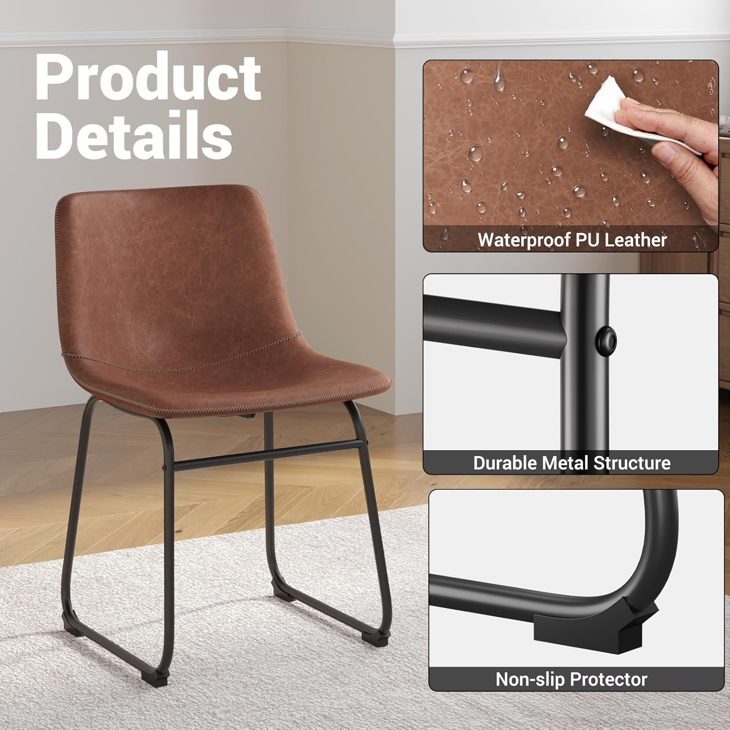 Dining Chairs Set of 2, 18 Inch Faux Leather Kitchen Chairs with Back, Modern Armless Dining Room Chair with Metal Legs for Home Bistro Coffee Shops (Dark Brown)