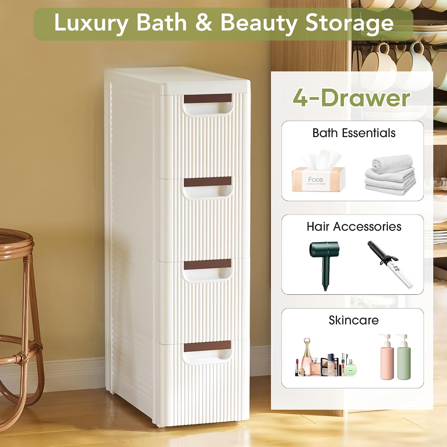 4 Drawers Narrow Bathroom Storage Cabinet, Slim Storage Cabinet, Plastic Slim Storage Cart Drawers for Small Spaces, Laundry, Office, Home, White