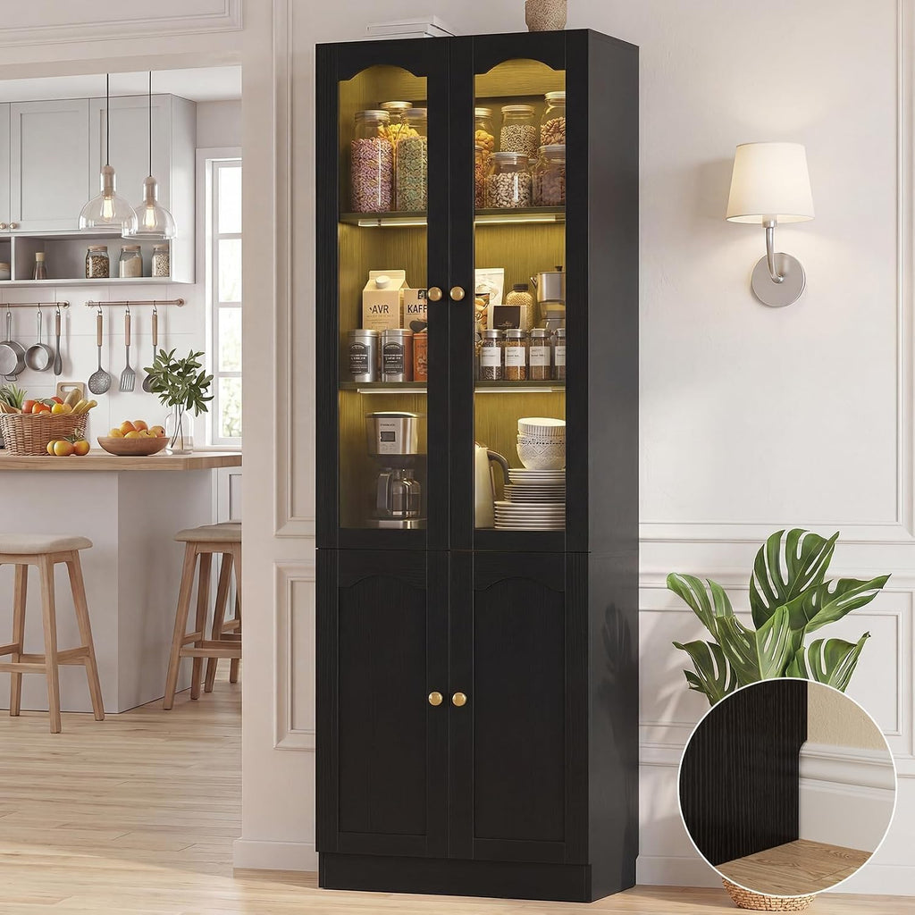 Cyclysio 80" Tall Pantry Cabinet with Arched Glass Doors and Lower Storage Cabinet, Black Kitchen Pantry Storage Cabinet with Interior Motion Sensor Light, Adjustable Shelf, Baseboard Cutout