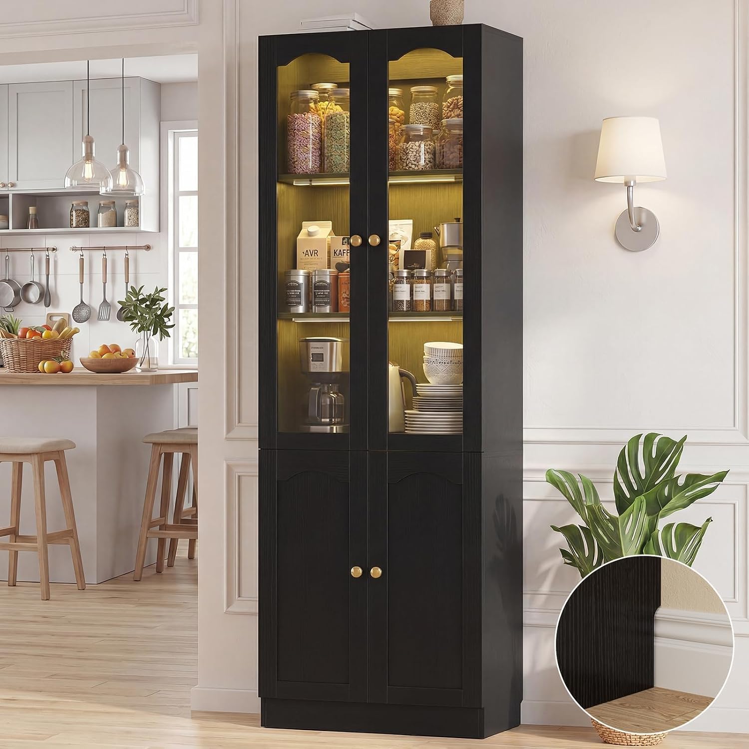 Cyclysio 80" Tall Pantry Cabinet with Arched Glass Doors and Lower Storage Cabinet, Black Kitchen Pantry Storage Cabinet with Interior Motion Sensor Light, Adjustable Shelf, Baseboard Cutout