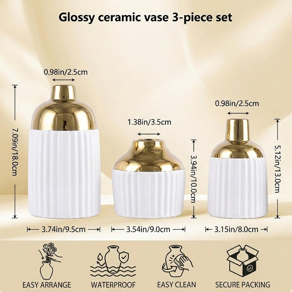 Ceramic Textured Vases Set of 3, Round White and Gold Two-Tone Flower Vase for Pampas Grass Decorative, Modern Gold Small Vase for Kitchen Counter Shelving Fireplace Mantel Table Centerpiece
