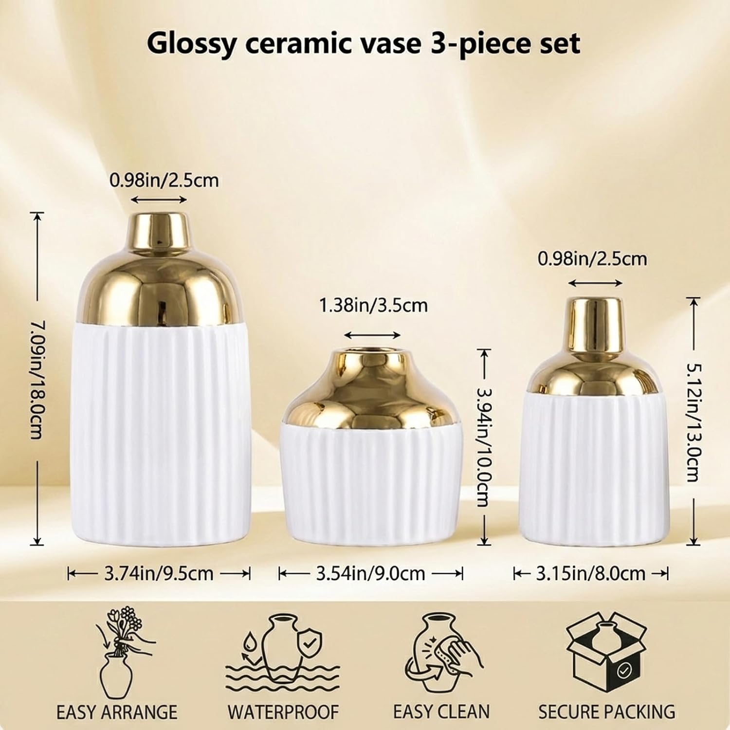Ceramic Textured Vases Set of 3, Round White and Gold Two-Tone Flower Vase for Pampas Grass Decorative, Modern Gold Small Vase for Kitchen Counter Shelving Fireplace Mantel Table Centerpiece