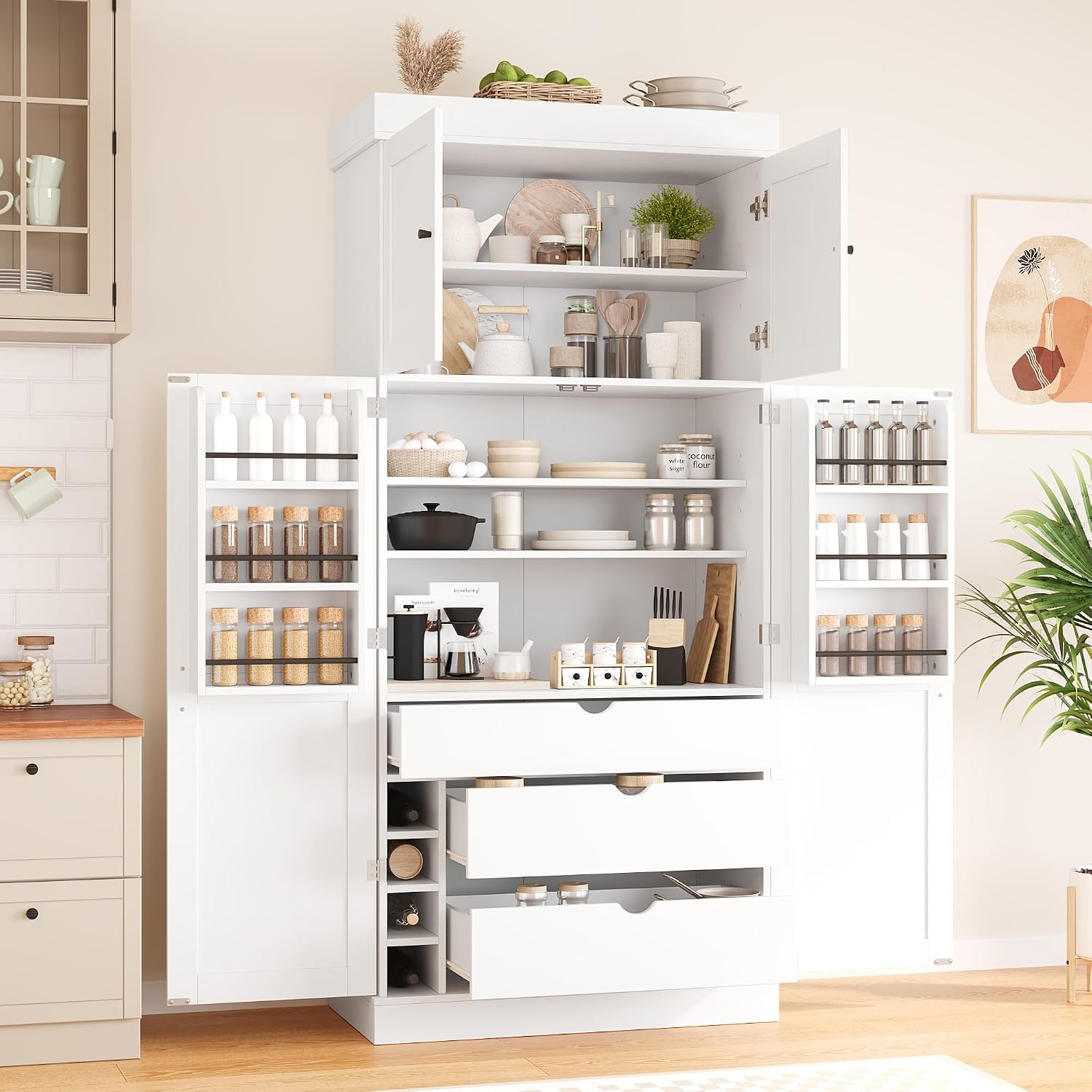 Polibi 77" Tall Freestanding Kitchen Pantry Cabinet, 35" L x 17.7" W Modern Shaker Style Storage Cupboard with Adjustable Shelves, Wine Racks, Drawers, Door Shelves, White