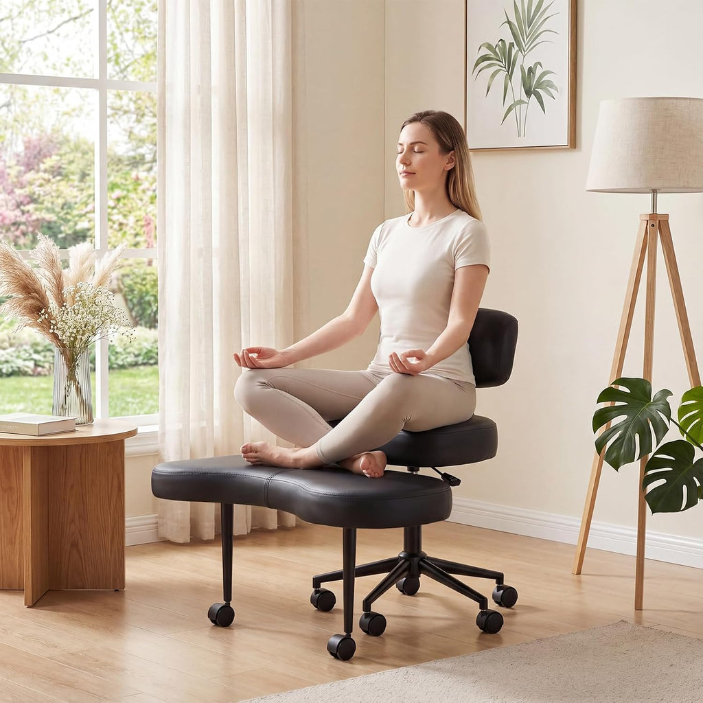 Ergonomic Cross Legged Office Chair with Adjustable Backrest and Seat, 360° Swivel Meditation PU Leather Yoga Stool Desk Chair for ADHD with Footrest, 350lbs Capacity, Black