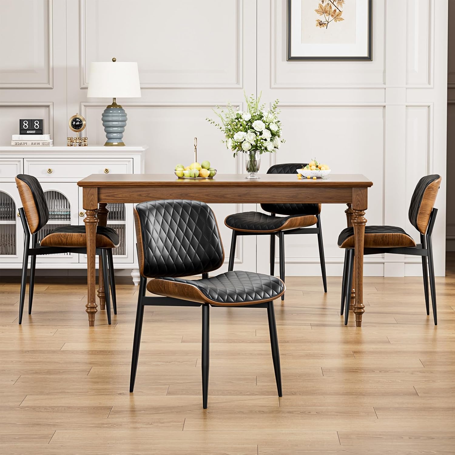 YaFiti Dining Chairs Set of 2, Mid Century Modern Accent Dining Room and Kitchen Chairs, Upholstered PU Leather Diamond Check Chairs with Walnut Bentwood and Metal Legs, Black