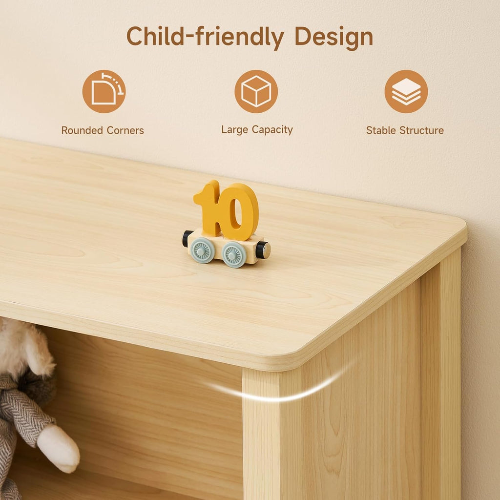 ONBRILL Montessori Shelf, 5 Cube Toy Storage Organizer with Wave Design, Safe Wooden Kid Toy Organizer Cabinet, Kids Bookshelf & Bookcase for Nursery Kids Room Playroom Bedroom Living Room Nursery