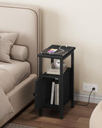 CHOEZON Farmhouse End Table, Narrow Side Table for Small Spaces, Slim Nightstand with Charging Station, with 2 AC Outlets, 1 USB and 1 Type-C Port, for Living Room, Bedroom, Black TBZ08UBB