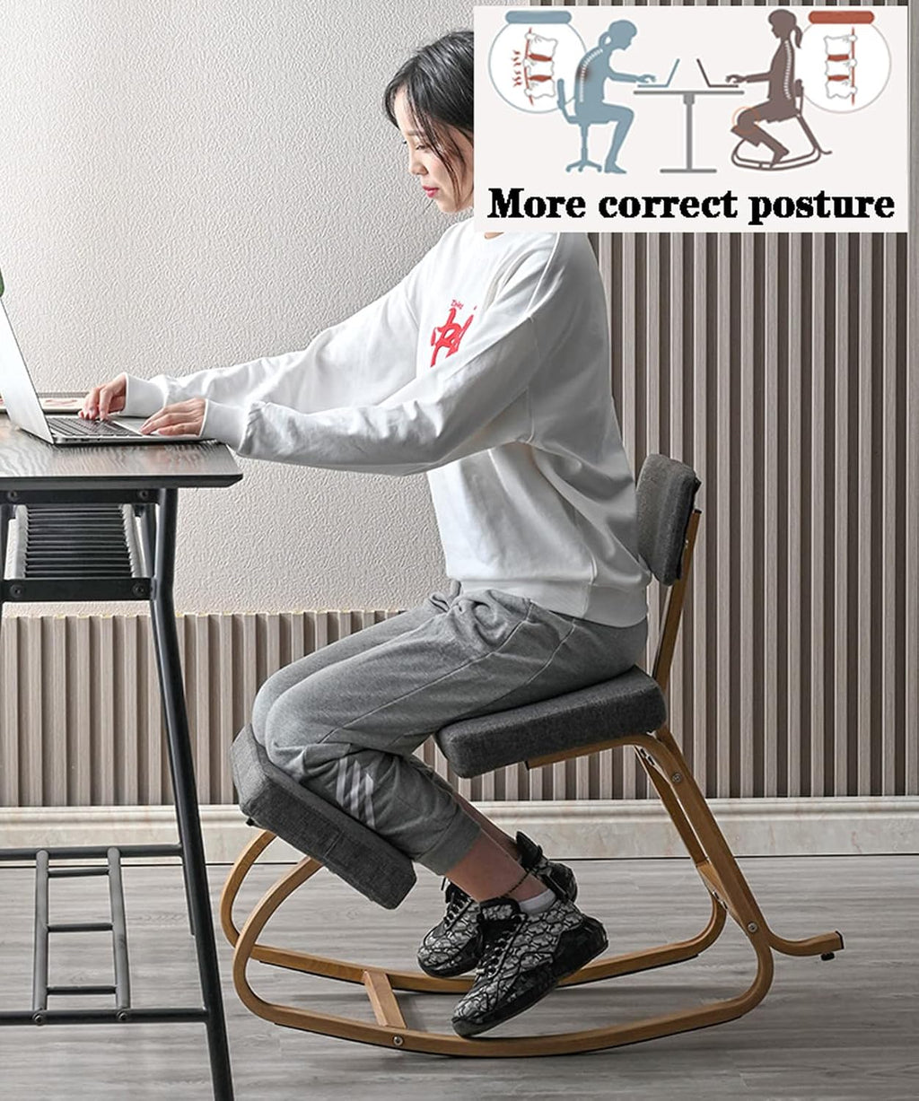 Ergonomic Kneeling Chair with Back Support - Posture Corrective Rocking Balance Stool for Office Use, Orthopedic Design to Relieve Fatigue and Improve Comfort (Grey)