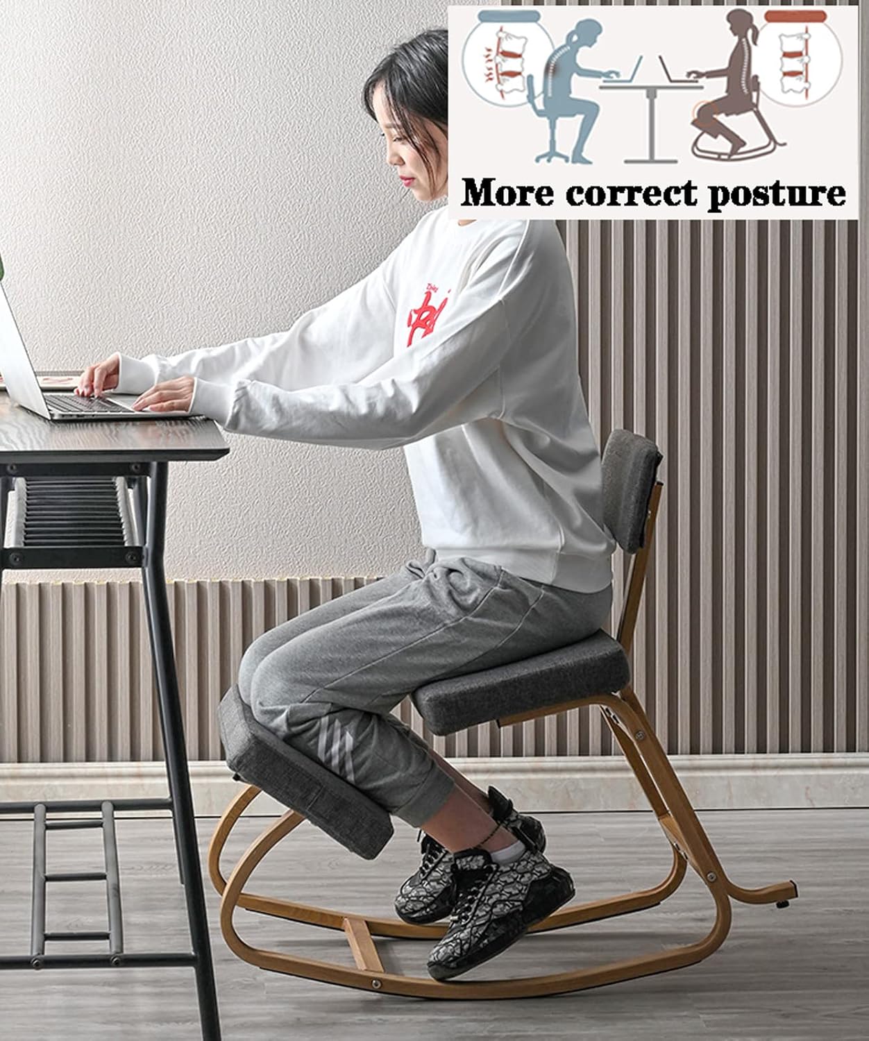 Ergonomic Kneeling Chair with Back Support - Posture Corrective Rocking Balance Stool for Office Use, Orthopedic Design to Relieve Fatigue and Improve Comfort (Grey)
