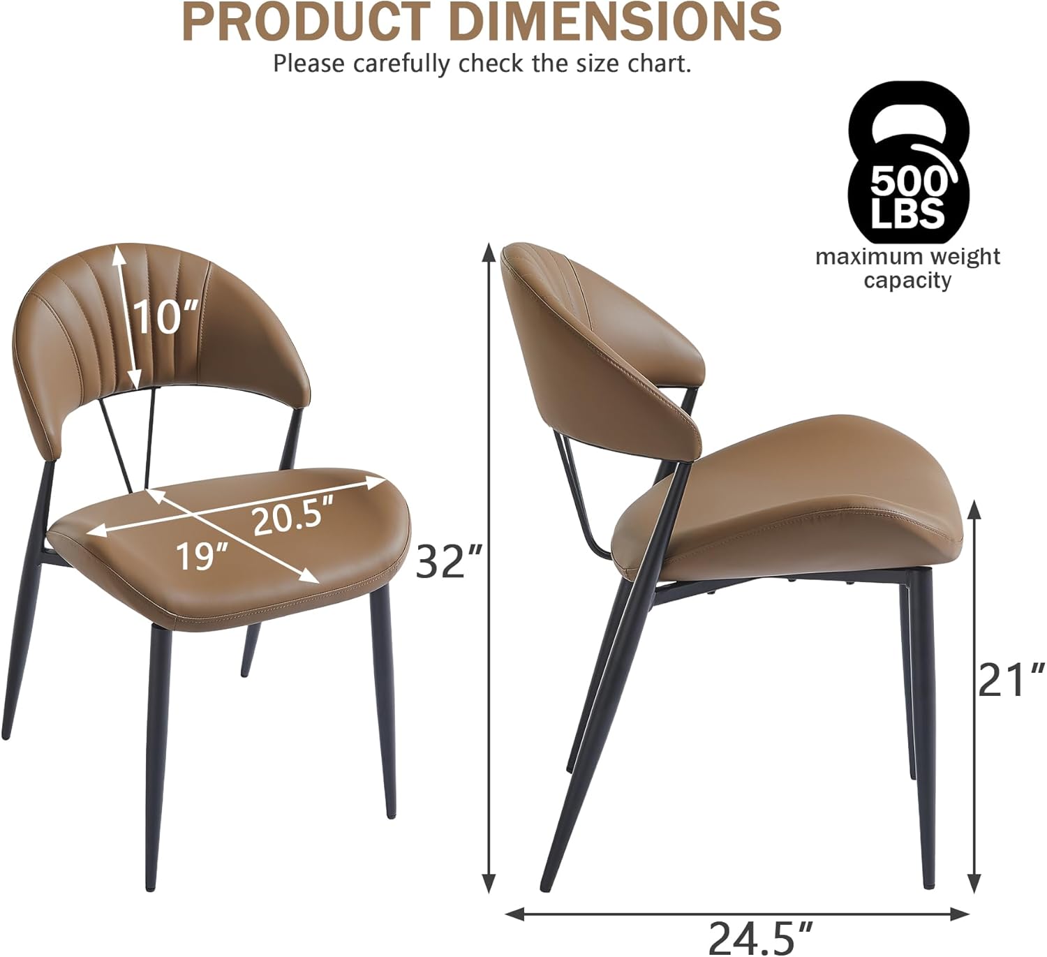 PU Leather Dining Chairs Set of 4, Mid Century Modern Dining Chairs with Stitching, Upholstered Kitchen & Dining Room Chairs with Curved Back and Black Metal Legs (Brown)