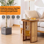 Rattan Coffee Table Round End Table with 2 Layer Storage Bamboo Living Room Side Table for Sofa Bedroom Balcony Small Space