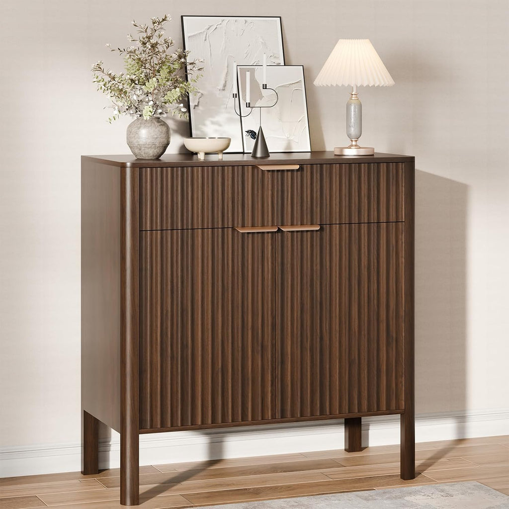 Fluted Buffet Cabinet Accent with Doors & Drawer 31" Walnut | Anti-tipping Design, Scratch & Water-resistant, Pre-drilled Easy Assembly Versatile for Kitchen, Entryway & Living Room
