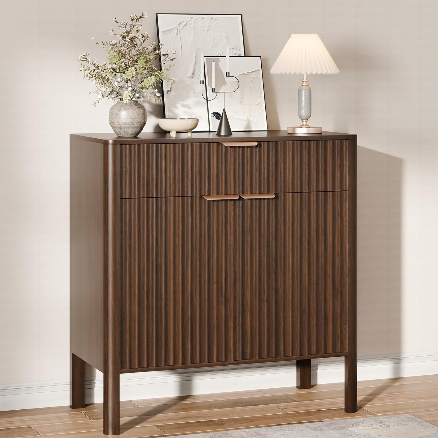 Fluted Buffet Cabinet Accent with Doors & Drawer 31" Walnut | Anti-tipping Design, Scratch & Water-resistant, Pre-drilled Easy Assembly Versatile for Kitchen, Entryway & Living Room