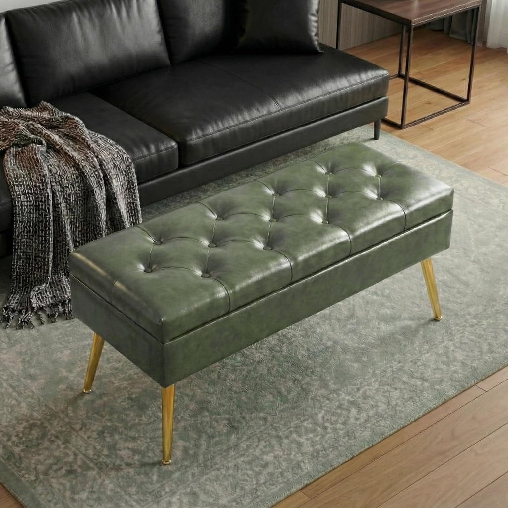 SNOWDROP 40" Upholstered Storage Bench – Vintage Olive Green End of Bed Bench with Gold Metal Legs, Button-Tufted Modern Faux Leather Ottoman Bench for Bedroom, Entryway & Living Room