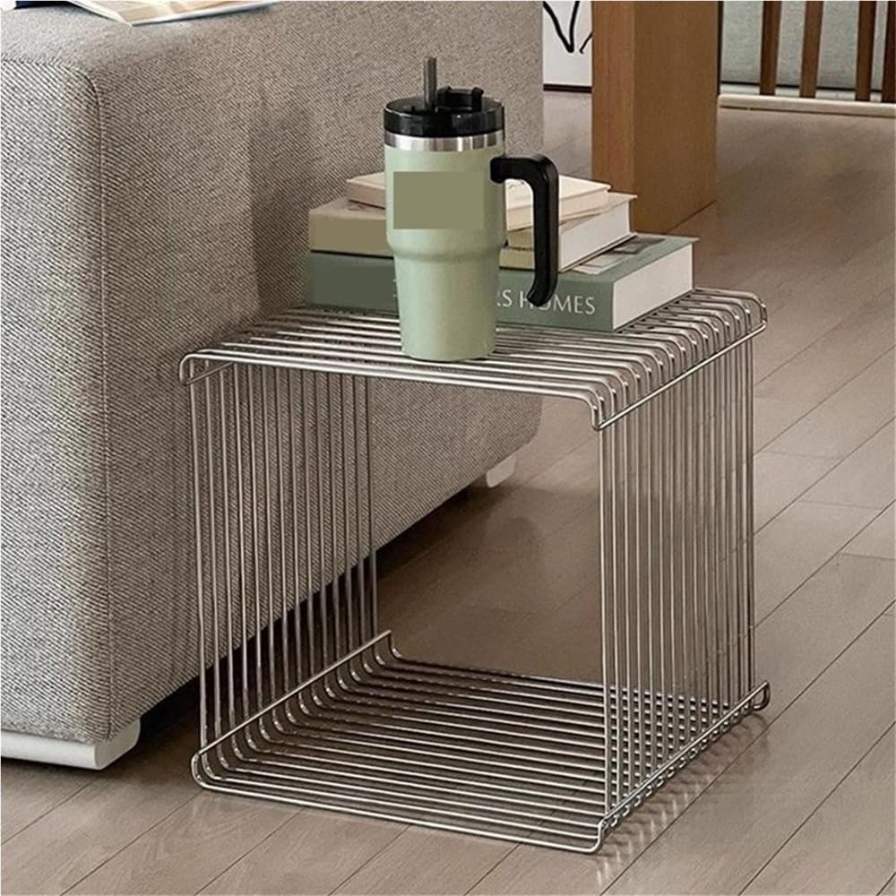 Square Retro Side Table, Metal End Table, Linear Coffee Table, Multi-Purpose Accent Table for Living Room, Bedroom, and Study(Silver,11.8x11.8x11.8in)