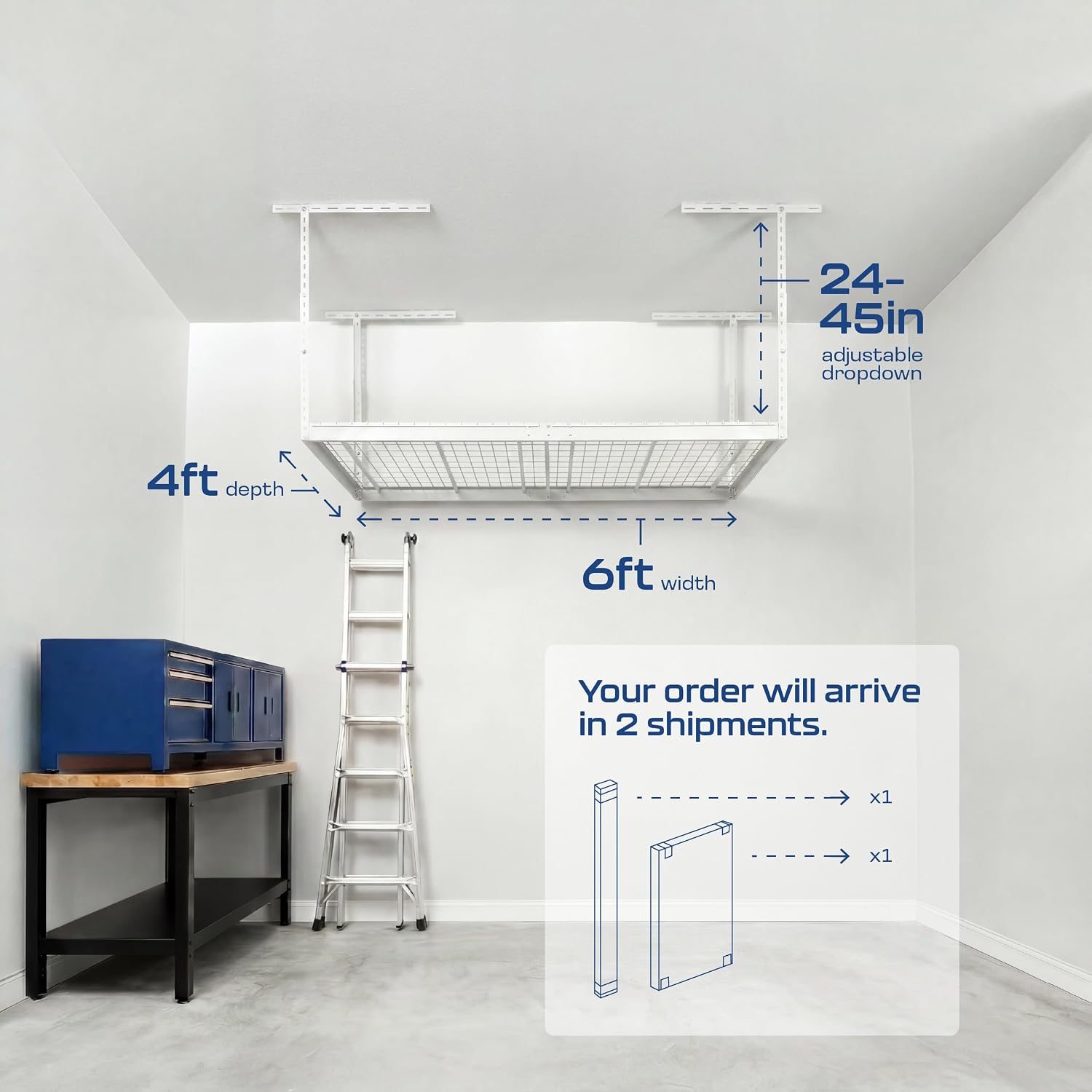 MonsterRax Overhead Garage Storage Racks 4x6, Ceiling Mounted Shelving, Adjustable Hanging Storage Organizer, Heavy Duty Steel, Holds 500 Pounds, Color: White, Adjusts 24"-45” off Ceiling