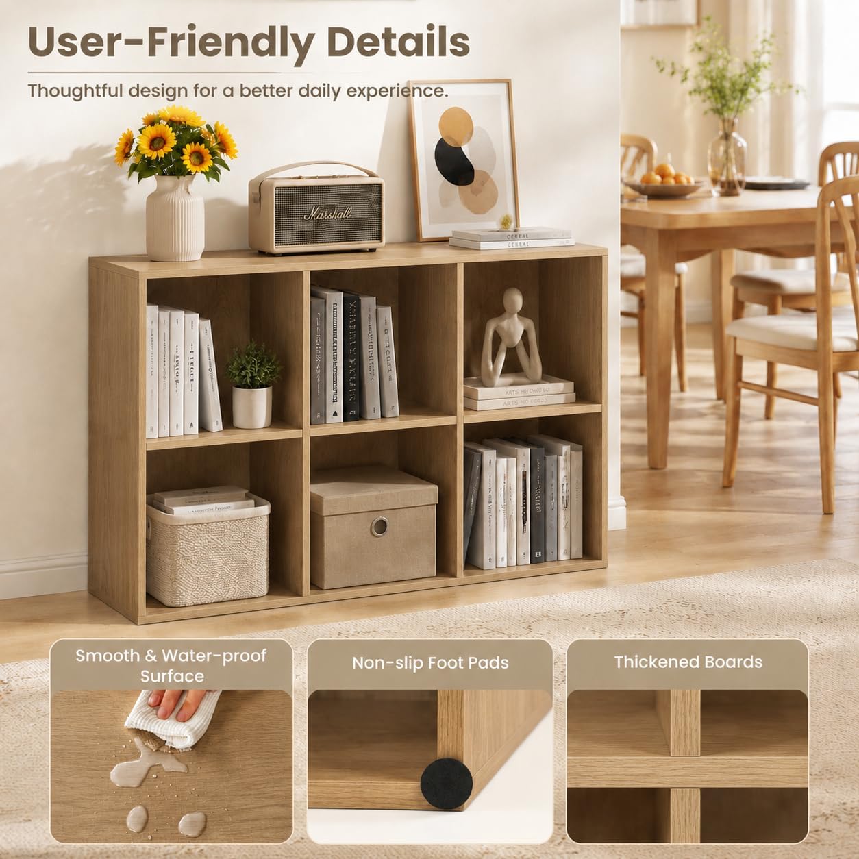 POWERSTONE 6 Cube Storage Organizer, Open Cube Bookshelf with Back Panels, Modern Display Cubby Bookcase for Bedroom Living Room Home Office, Natural