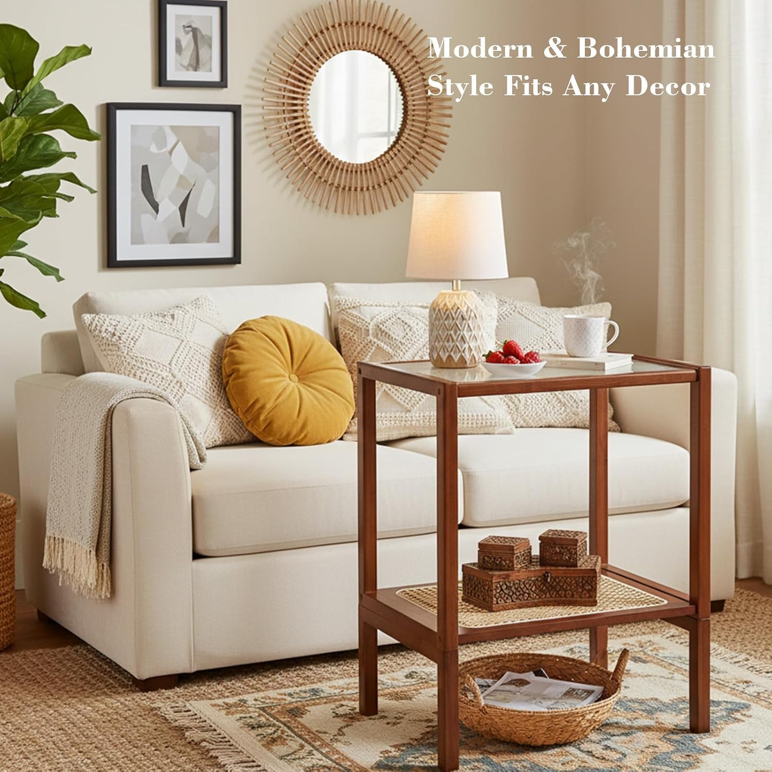 Tiita Rattan Side Table, Mid Century Nightstand, 2-Tier Bamboo Accent Bedside Tables, Glass Coffee Tables, Boho Wooden Narrow End Table with Storage for Small Space, Living Room and Bedroom