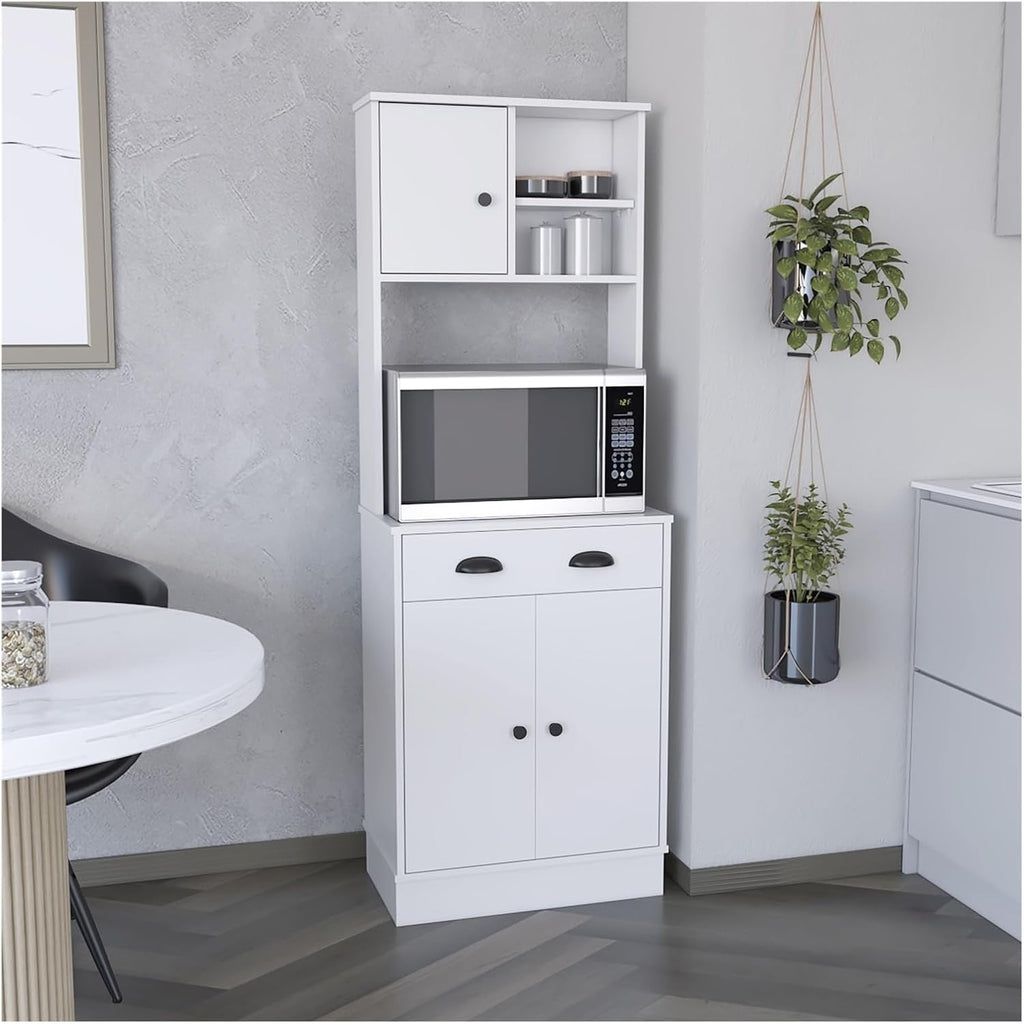Kitchen Pantry 67" H, Two Cabinets, Three Doors, Two Open Shelves, One Drawer, Microwave Storage Option,for Kitchen