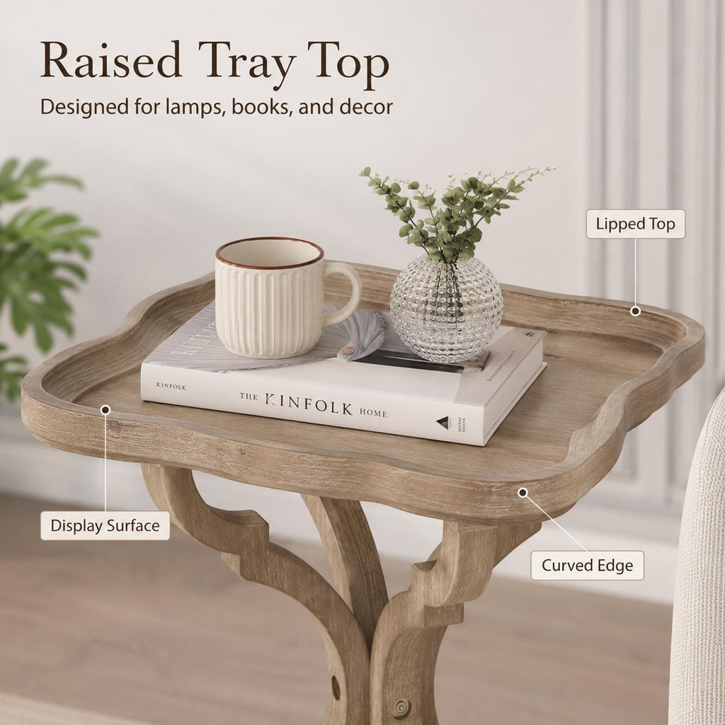 French Country Accent Table, Farmhouse Side Table (Natural B) | 19 Inch Fir Wood Piece with Lipped Rectangular Top, Hourglass Base for Living Room and Bedroom