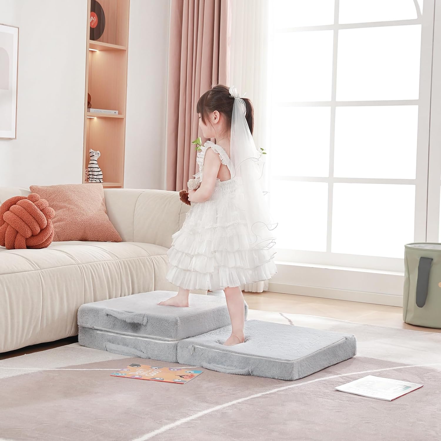 Foldable Floor Mattress for Kids, Toddler Washable Tri Folding Floor Nap Mat for Sleeping Daycare, Child Trifold Futon Sofa Bed with Storage Bag for Girls and Boys